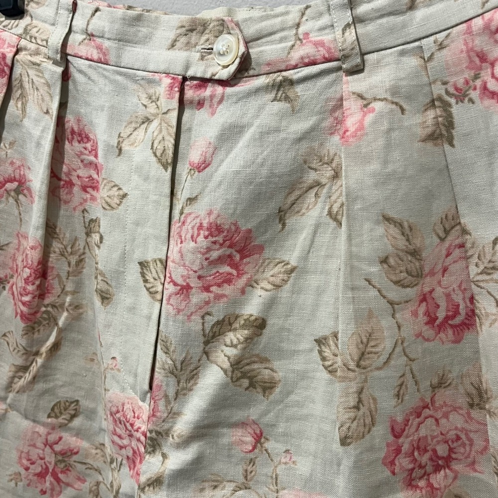 Vintage Lauren Ralph Lauren Shorts Womens 8 Beige Floral Linen Pleated Cuffed - Picture 4 of 7